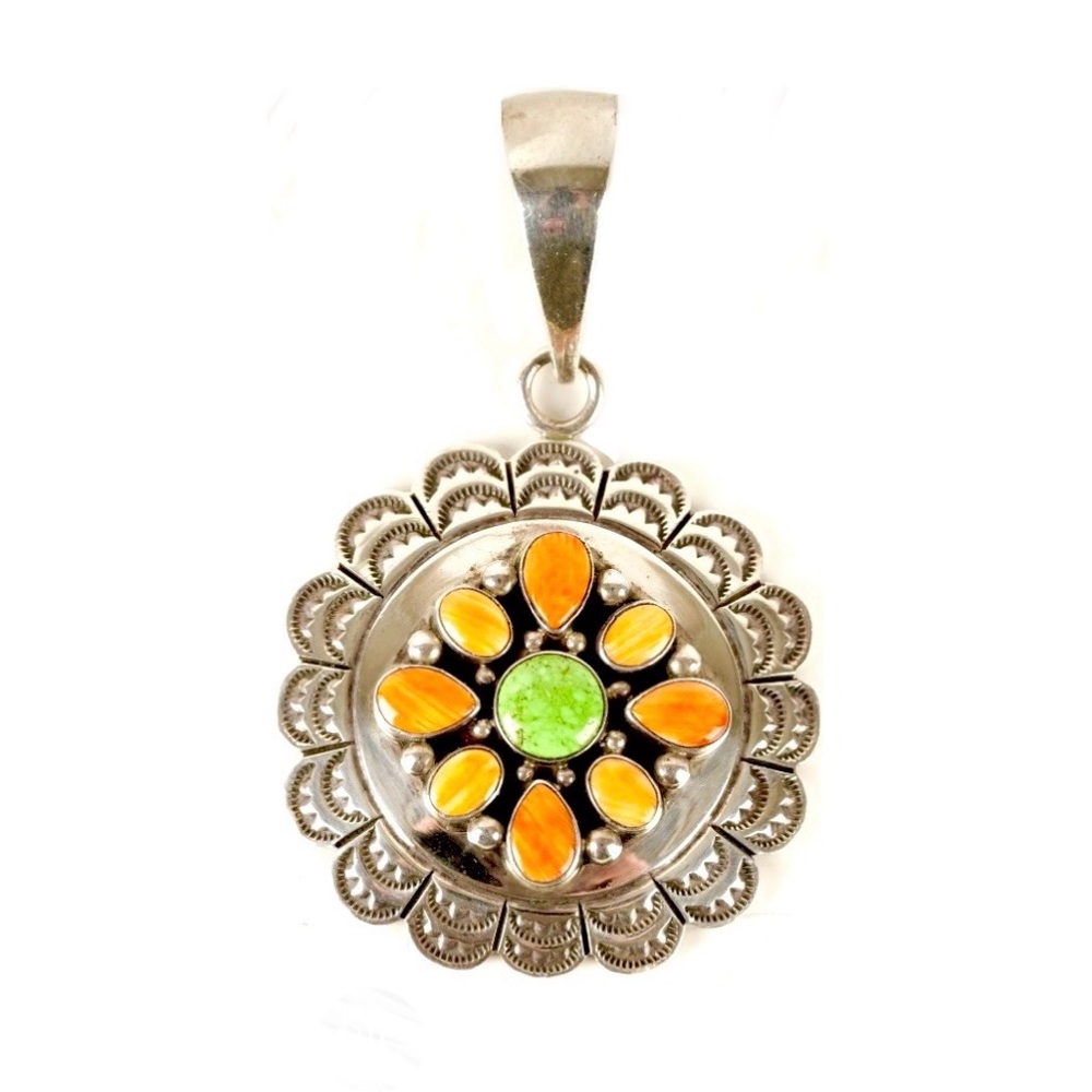 Signed- Lee Bennett, Navajo Large Sterling Orange Spiny Oyster Gaspeite Pendant